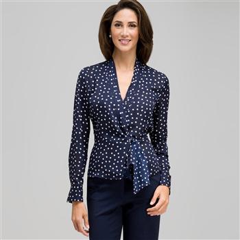 Long Sleeve Tie Front Blouse, Admiral Navy & White, large