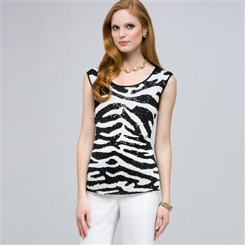 Sequined Animal Print Shell., Black & White, large